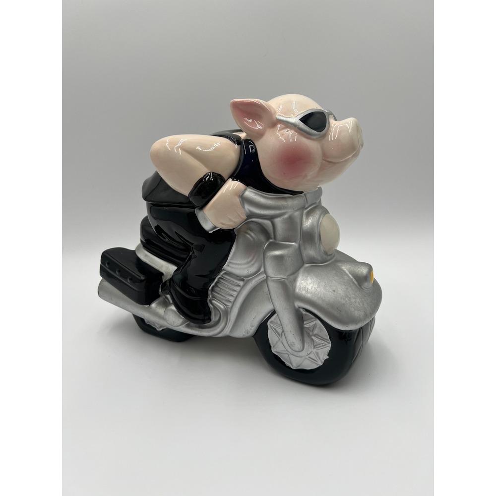 Biker Pig Ceramic Cookie Jar Motorcycle Hog Black Silver Kitchen Decor